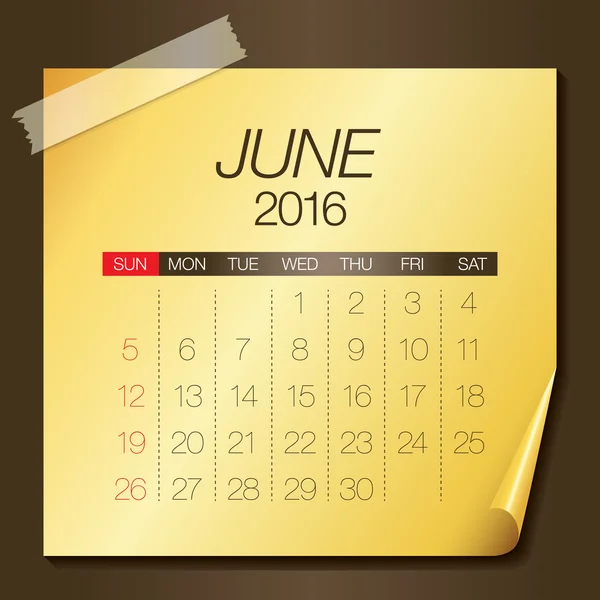 2016 takvim-Haziran — Stok Vektör