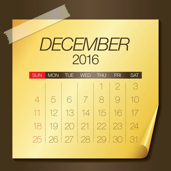 2016 Calendario- diciembre — Vector de stock