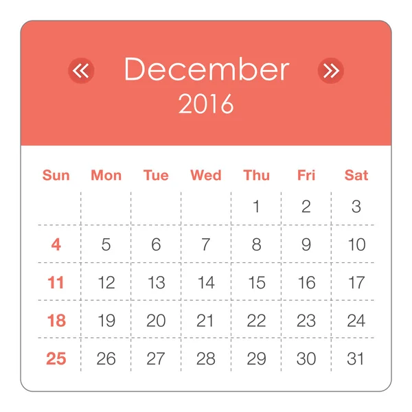 2016 Calendario- diciembre — Archivo Imágenes Vectoriales