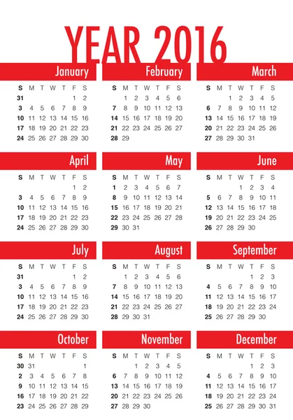 2016 ano calendário — Vetor de Stock