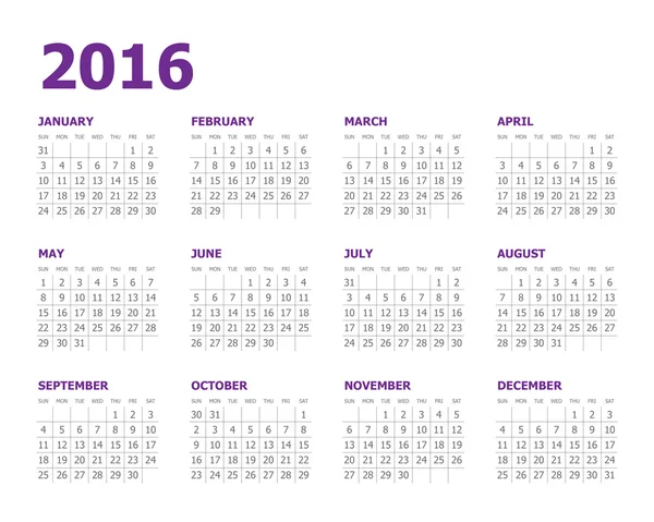 2016 ano calendário — Vetor de Stock