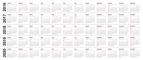 カレンダー 2016年 2017年 2018年 2019年 2020 — ストックベクタ