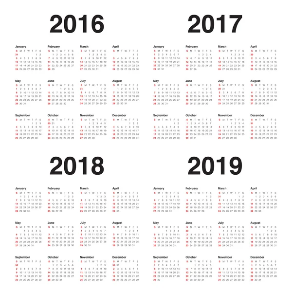 Calendario 2016 2017 2018 2019 — Vector de stock