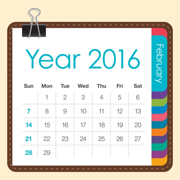 2016. kalendář únor — Stockový vektor