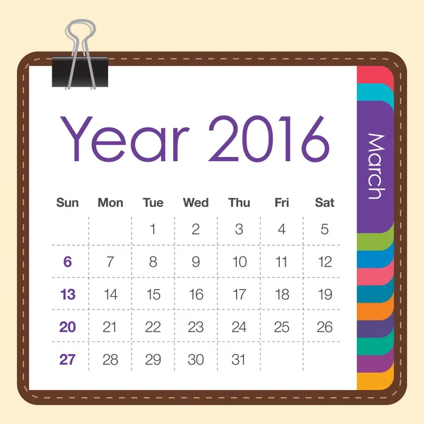 Calendario 2016- Marzo — Vector de stock