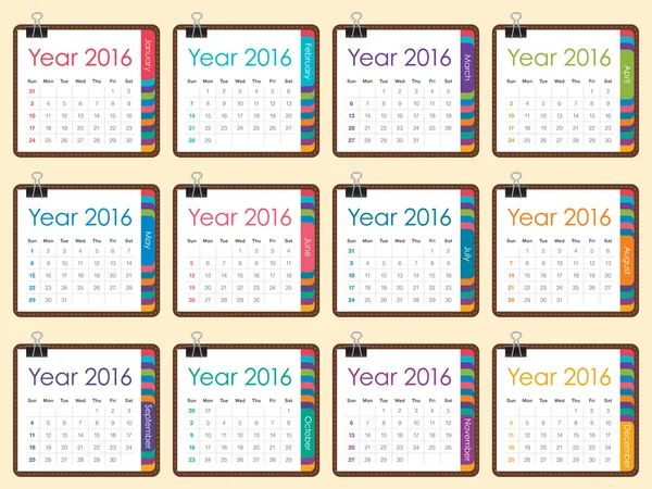 Jahreskalender 2016 — Stockvektor