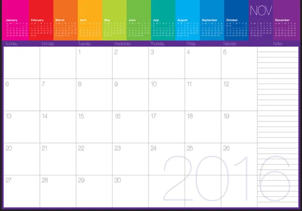 Calendrier 2016 - Novembre — Image vectorielle