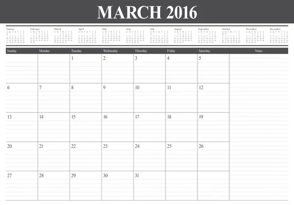 2016 tabell calendar-March — Stock vektor
