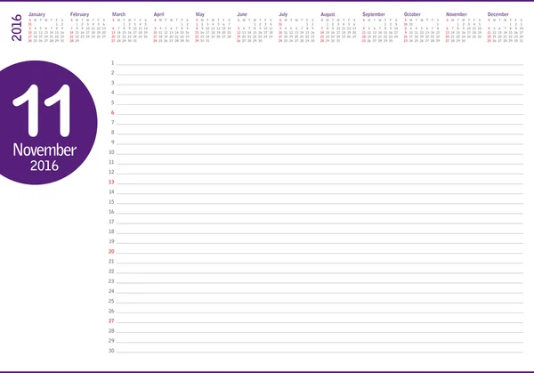 2016 テーブル カレンダー 11 月 — ストックベクタ