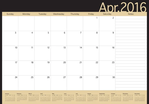 2016 tabell kalender-April — Stock vektor