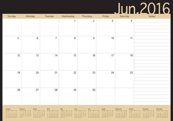 2016 tabell kalender-juni — Stock vektor