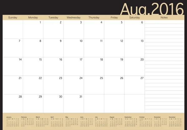 Calendario tabella 2016- agosto — Vettoriale Stock