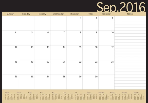 2016 table calendar- September — Stock Vector