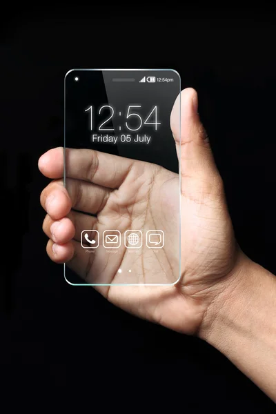 Transparent smartphone with hand on black background — Stock Photo, Image