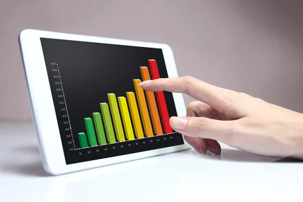 Hand pointing colorful business chart on tablet — Stock Photo, Image