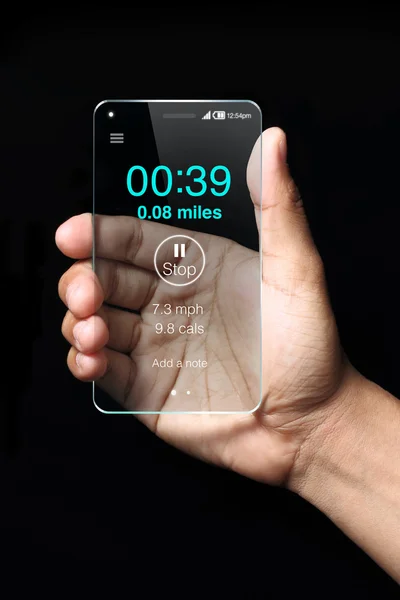 Приложение для бега со смартфоном и рукой — стоковое фото