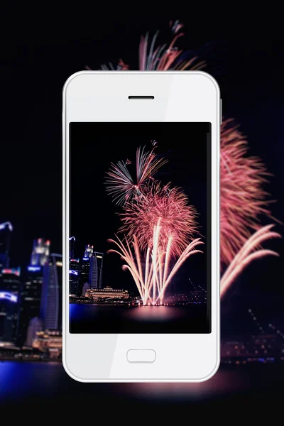 Taking firework photo with smartphone. — Stock Photo, Image