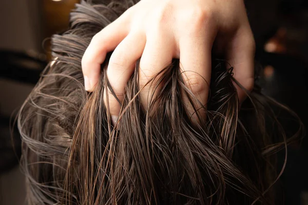 Back View Girl Hairstyling Barbershop Hairdresser Hand Client Hair Care — Stock Photo, Image