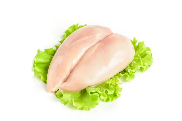 生鸡胸肉和绿色色拉 白色背景分离 — 图库照片