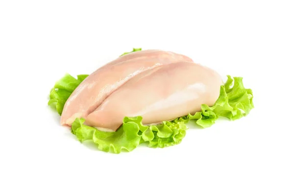 Ακατέργαστο Στήθος Κοτόπουλου Και Πράσινη Σαλάτα Που Απομονώνονται Λευκό Φόντο — Φωτογραφία Αρχείου