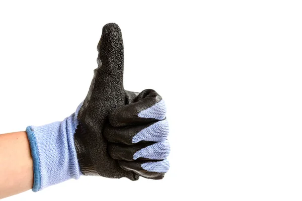 Χέρι Φορώντας Εργασίας Προστατευτικό Γάντι Δίνοντας Τους Αντίχειρες Επάνω Πινακίδα — Φωτογραφία Αρχείου