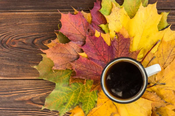 Taza Sobre Hojas Otoño Sobre Fondo Madera — Foto de Stock