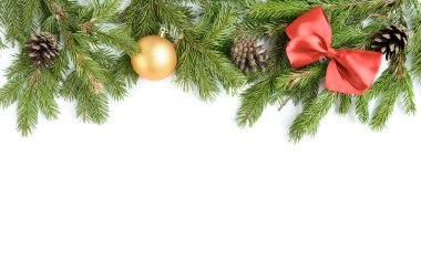 Beyaz üzerine izole edilmiş geniş kemer şekilli Noel sınırı taze köknar dalları, koniler ve kurdele yayından oluşur.