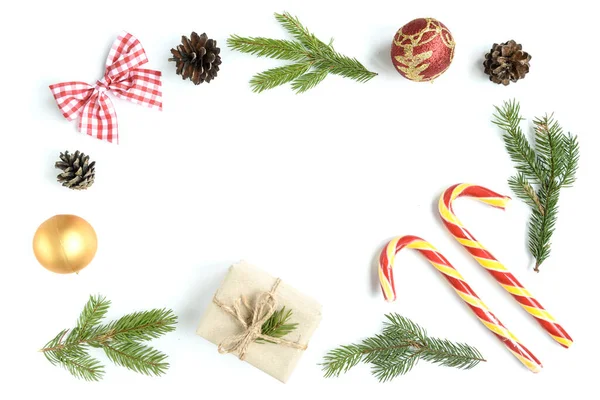 Christmas Composition Pine Cones Fir Branches Christmas Sticks Gift Box — Stock Photo, Image