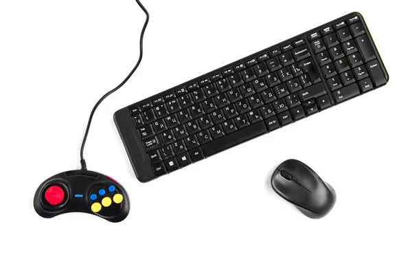 Joystick Computer Toetsenbord Muis Geïsoleerd Witte Achtergrond — Stockfoto