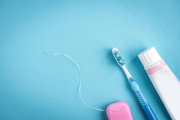 Tooth Paste Brush Dental Floss Blue Background Cleaning Protection Teeth — Stock Photo, Image