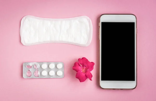 Woman Hygiene Protection Sanitary Pads Pain Pill Pink Rose Mobile — Stock Photo, Image