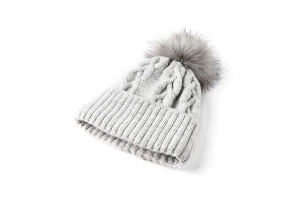 グレー冬編み帽子とともにブーム隔離された白い背景 — ストック写真