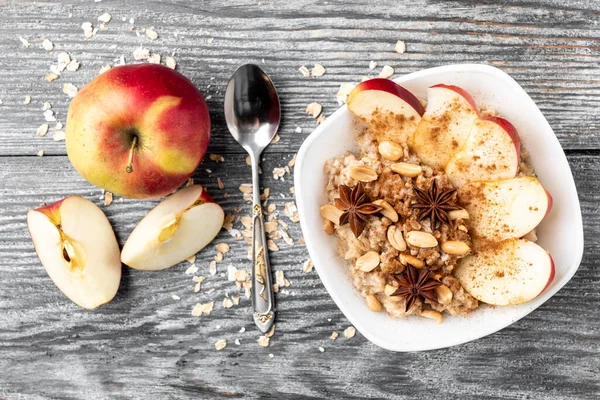 Oatmeal Apple Cinnamon Gray Wooden Background — Stock Photo, Image