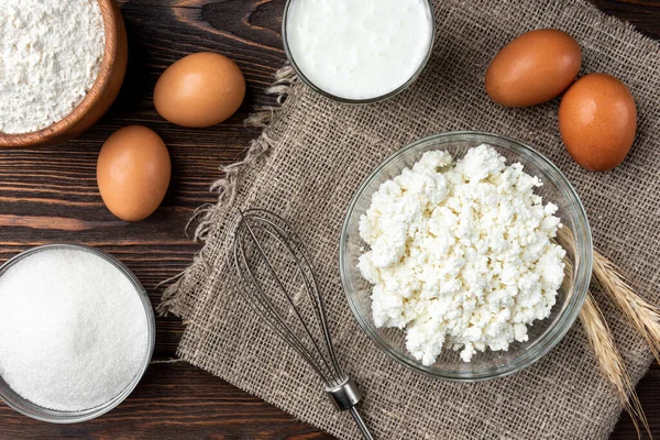 Ingredientes Para Preparación Panqueques Requesón Queso Cottage Huevos Leche Azúcar — Foto de Stock