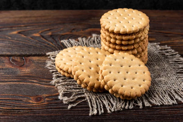 Cookies Milk Filling Dark Wooden Background — Stock Photo, Image