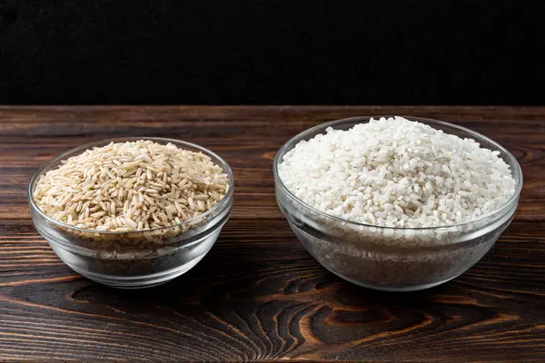 White Brown Rice Dark Wooden Background — Stock Photo, Image