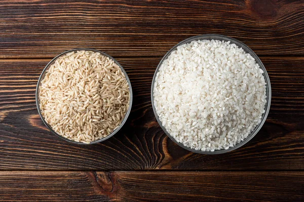 White Brown Rice Dark Wooden Background — Stock Photo, Image