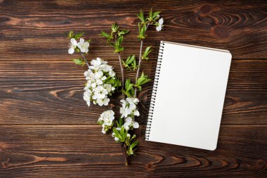Bahar çiçekleri kiraz dalları ve koyu ahşap arka planda bir defter..