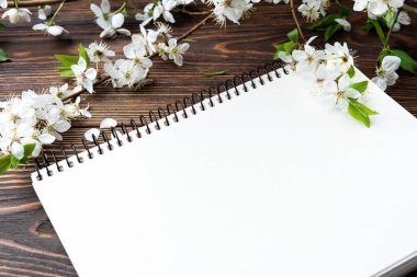 Bahar çiçekleri kiraz dalları ve koyu ahşap arka planda bir defter..