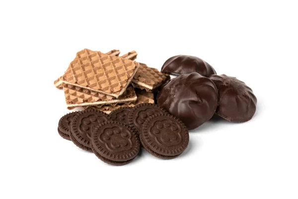 Čokoládové Sušenky Vafle Mléčnou Náplní Marshmallow Izolované Bílém Pozadí — Stock fotografie