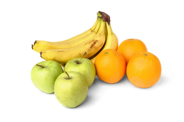 Банан Оранжевый Зеленый Яблоко Изолированы Белом Фоне — стоковое фото