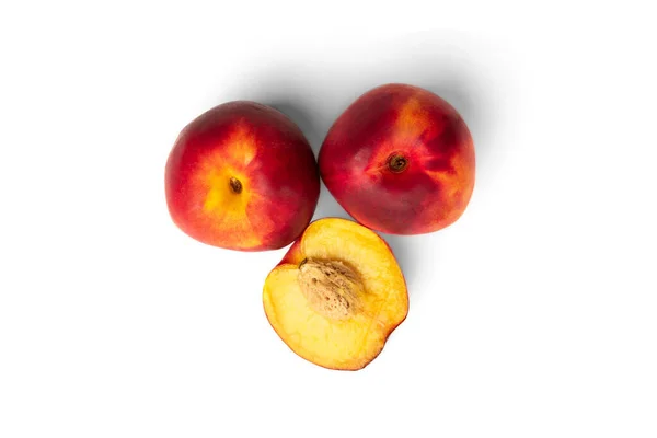 Two Peaches Half Isolated White Background Top View — Stock Photo, Image