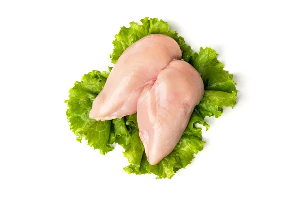 Pechuga Pollo Cruda Con Ensalada Aislada Sobre Fondo Blanco — Foto de Stock