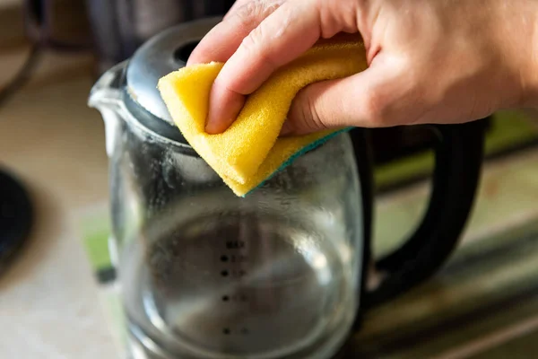 Woman's hand cleaning the electric kettle. Housework and housework.