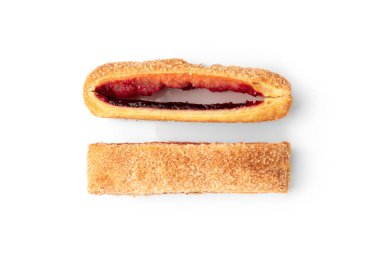 Puff pastry with cherry or raspberry jam isolated on white background.