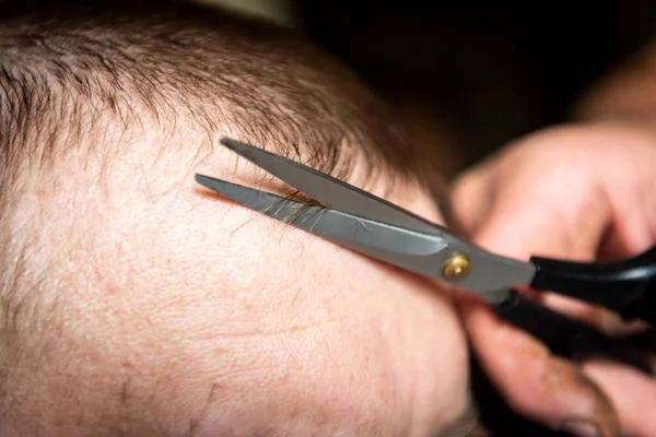 Hairdresser cuts man\'s hair. Men\'s haircut