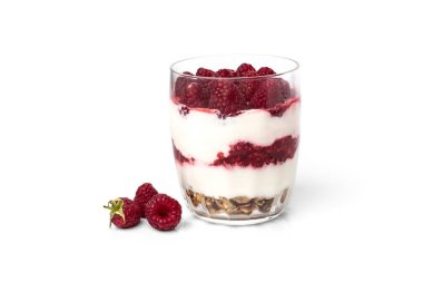 Yogurt with granola, raspberry and raspberry jam isolated on white background.