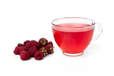 Cup of raspberry tea isolated on white background.