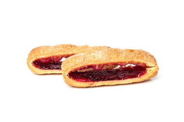 Puff pastry with cherry or raspberry jam isolated on white background.