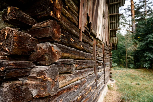 Old wooden log house near forest.